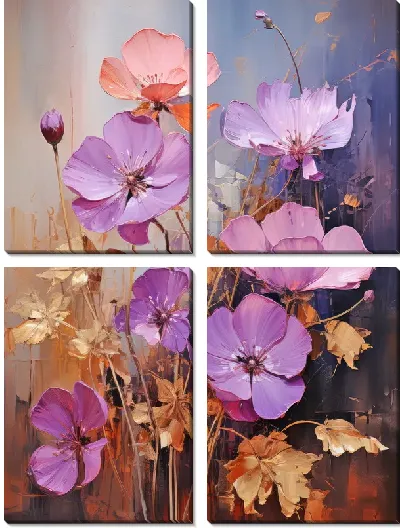 Модульная картина Фиалки и золотой декор №9