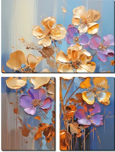 Модульная картина Фиалки и золотой декор №10