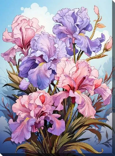 Картина маслом Ирисы на голубом фоне