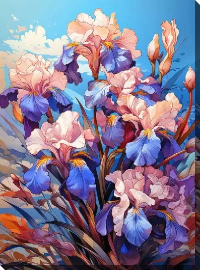 Картина маслом Ирисы на синем фоне №2