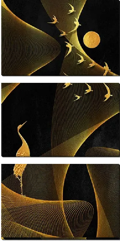 Модульная картина Аист и птицы в золотых оттенках