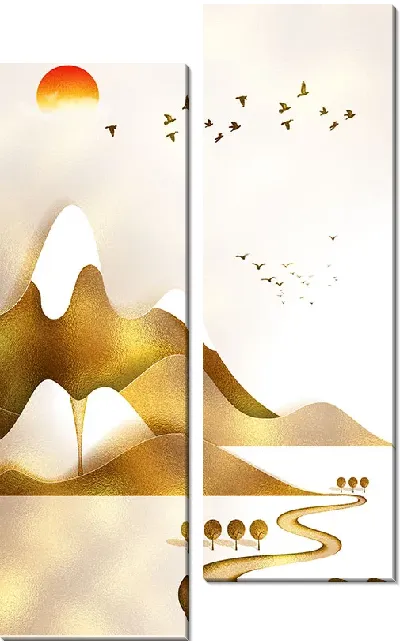Модульная картина Птицы и заснеженные золотые горы