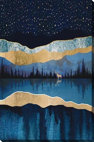 Постер Ночное небо с золотыми звездами и горами