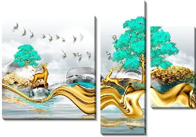 Модульная картина Олени, птицы и золотое дерево с зеленой кроной