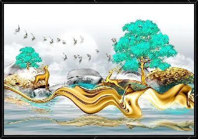 Олени, птицы и золотое дерево с зеленой кроной