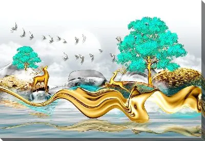 Олени, птицы и золотое дерево с зеленой кроной