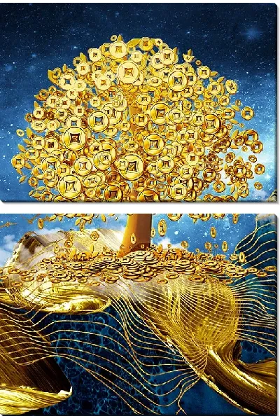 Модульная картина Золотое дерево и линии