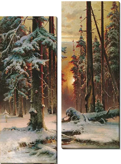 Картина Зимний закат в еловом лесу