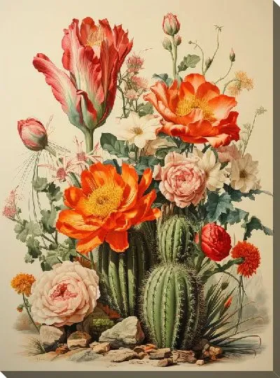 Картина маслом Кактусы и цветы в винтажном стиле