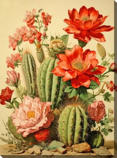 Картина маслом Кактусы и цветы в винтажном стиле №2