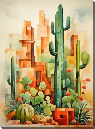 Картина маслом Кактусы в стиле кубизма №1