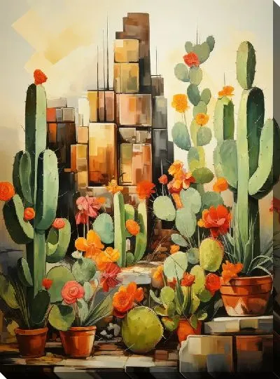 Картина маслом Кактусы в стиле кубизма №2