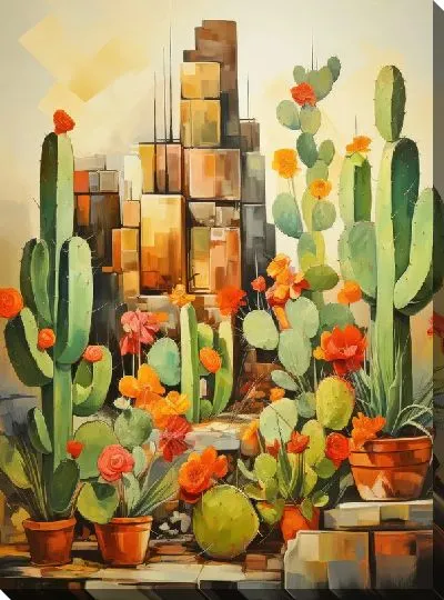 Картина маслом Кактусы в стиле кубизма №3