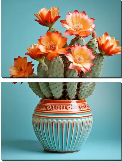 Модульная картина Цветущий кактус в горшке