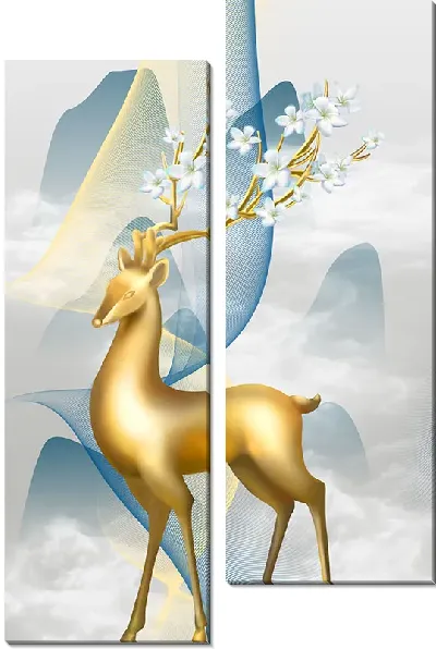 Модульная картина Золотой олень с цветущими рогами