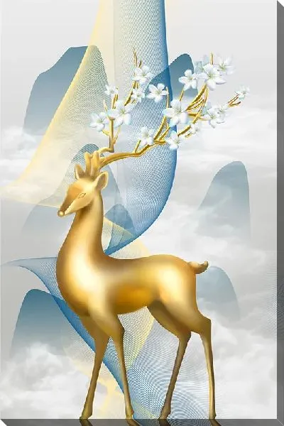Постер Золотой олень с цветущими рогами