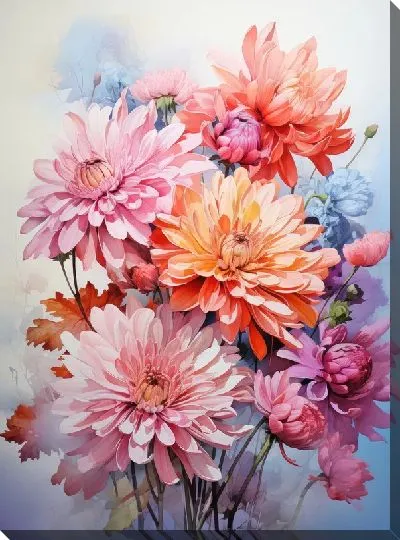 Картина маслом Хризантемы в акварельном стиле №2