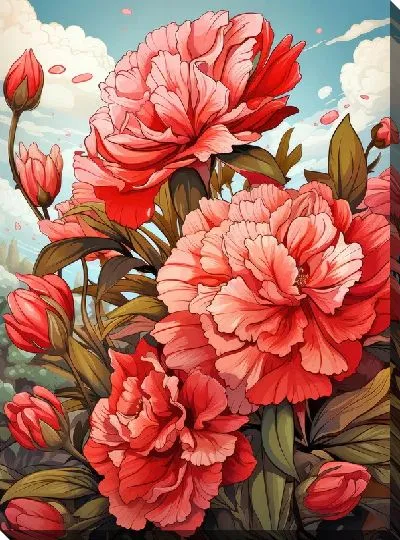 Картина маслом Крупные бутоны алых гвоздик