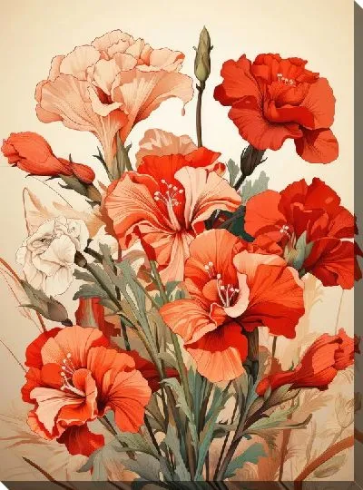 Картина маслом Гвоздики на светло-коричневом фоне