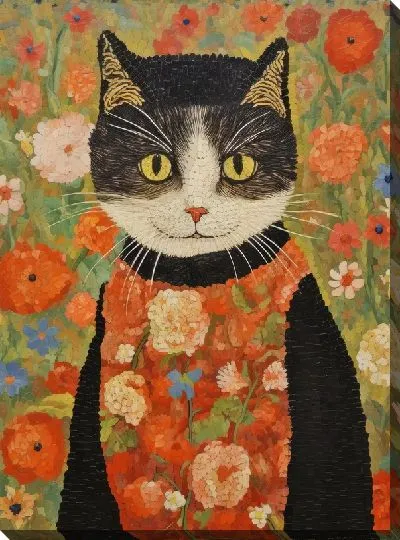 Картина маслом Черная кошка и цветы