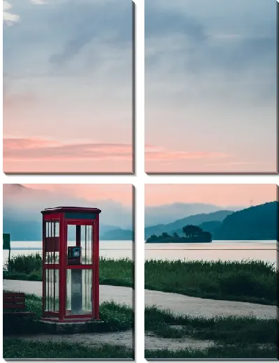 Модульная картина Телефонная будка на фоне озера и гор