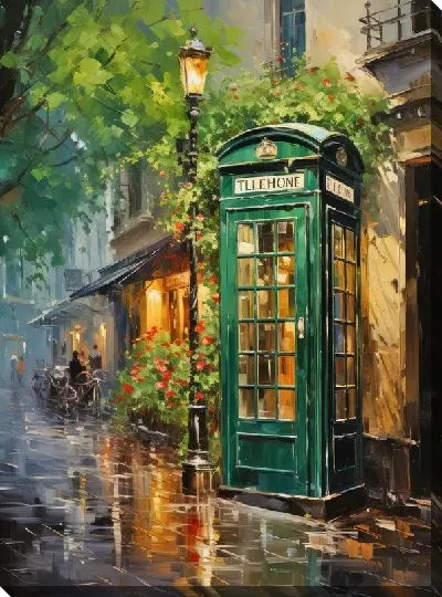 Картина маслом Зеленая телефонная будка