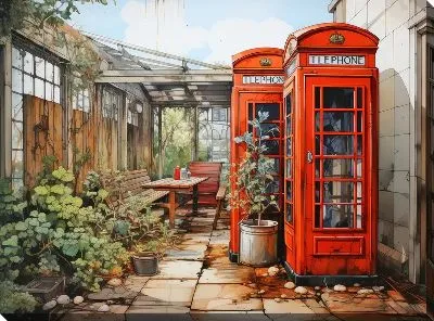 Картина маслом Две телефонные будки во дворе