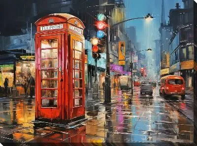 Картина маслом Телефонная будка на улице ночного города