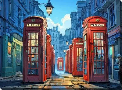 Картина маслом Телефонные будки на улицах города