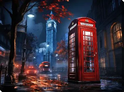 Картина маслом Телефонная будка в ночном Лондоне