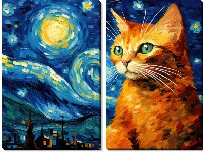 Модульная картина Рыжий кот в стиле Ван Гога №2
