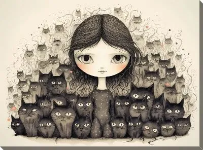 Картина маслом Девочка и стая кошек