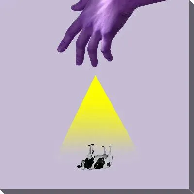 Желтый треугольник, рука и корова