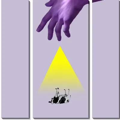 Желтый треугольник, рука и корова