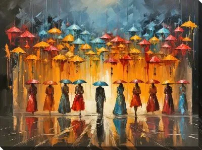 Картина маслом Зонты и люди в стиле арт №14