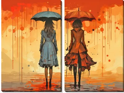 Модульная картина Две девушки под зонтами и дождем