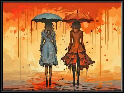 Две девушки под зонтами и дождем