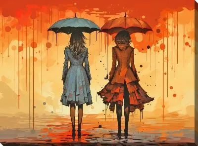 Две девушки под зонтами и дождем
