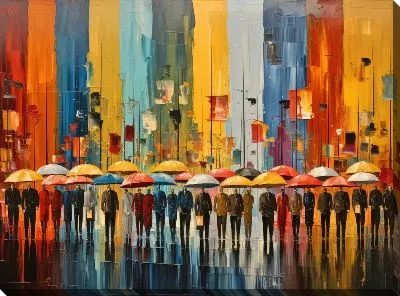 Картина маслом Толпа под зонтами №3