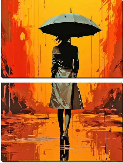 Модульная картина Девушка в черном - прогулка под дождем