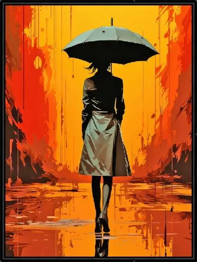 Картина Девушка в черном - прогулка под дождем