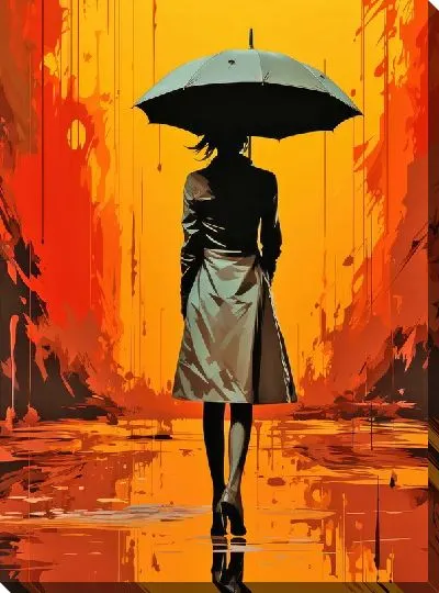 Картина маслом Девушка в черном - прогулка под дождем