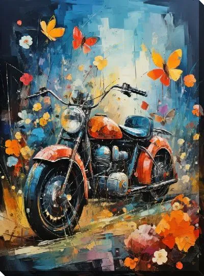 Картина маслом Мотоцикл в стиле арт с бабочками №14