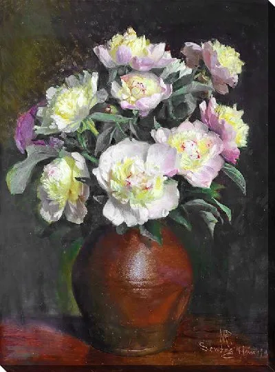 Картина маслом Букет пионов в коричневой вазе