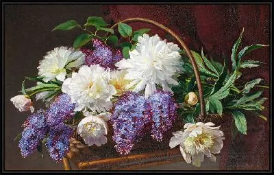 Пионы и сирень в корзине