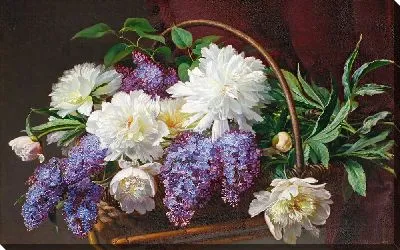 Пионы и сирень в корзине