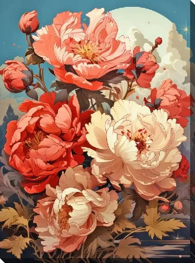 Картина маслом Пионы в стиле винтаж
