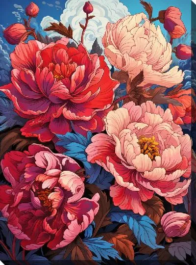 Картина маслом Пионы в стиле арт №34