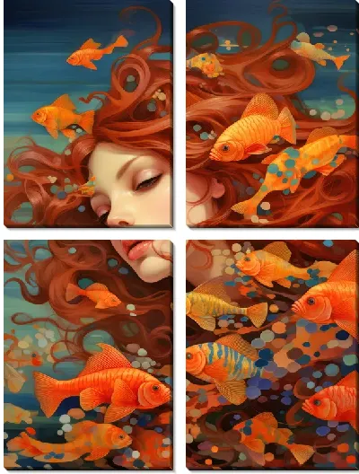 Модульная картина Девушка и рыбы в стиле арт