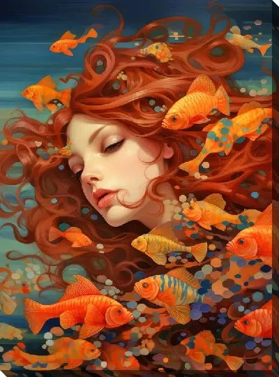 Картина маслом Девушка и рыбы в стиле арт
